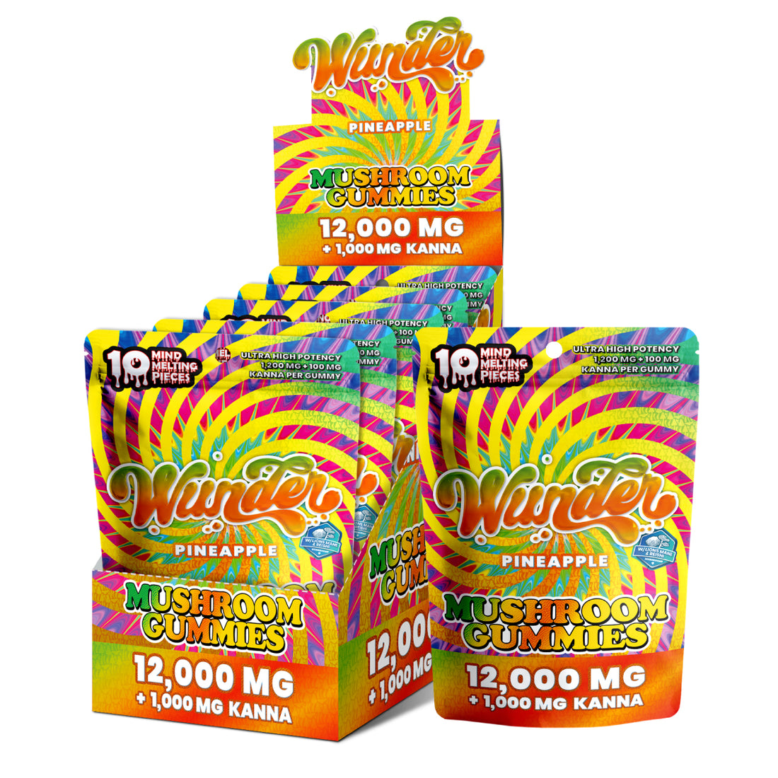 Wunder High Potency Mushroom Gummies + Kanna - Pineapple | 5-Pouch Shelf Pack